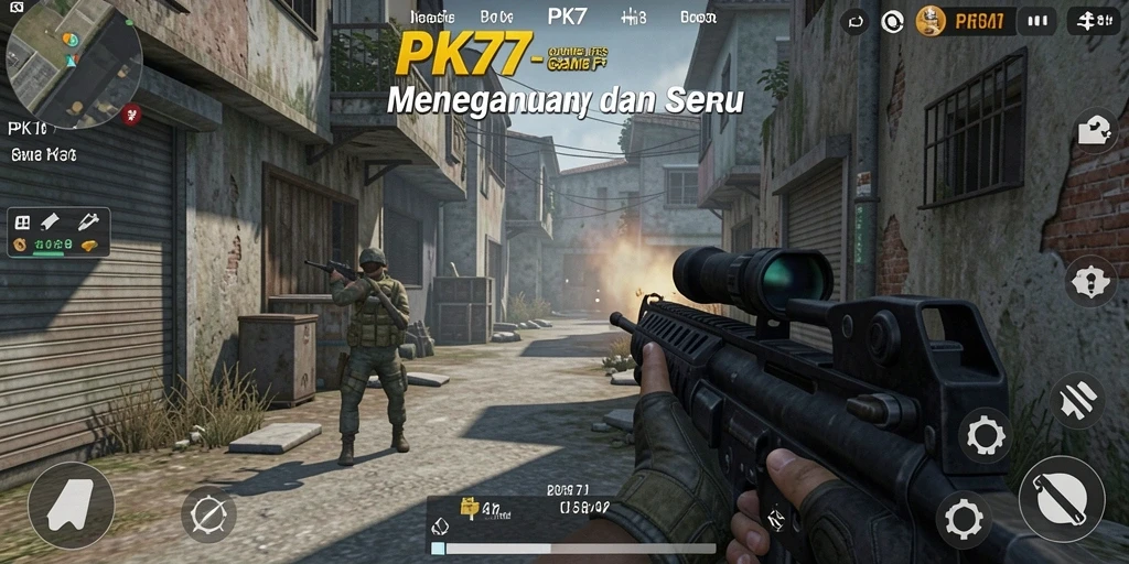 Screenshot gameplay PK77 menampilkan aksi menembak yang mendebarkan.