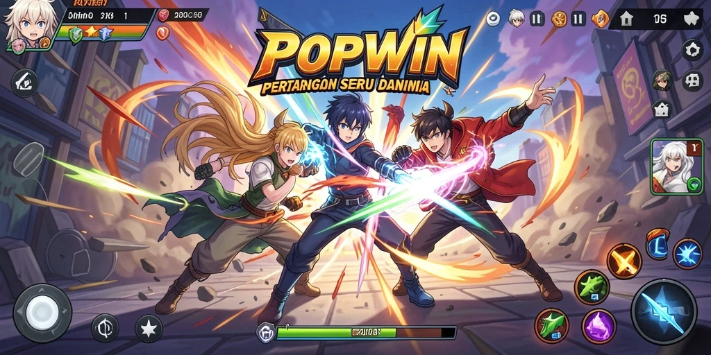 Screenshot gameplay POPWIN menampilkan pertarungan karakter anime yang mendebarkan.