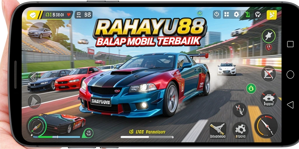 Screenshot RAHAYU88 menampilkan balapan mobil yang seru di trek penuh warna.